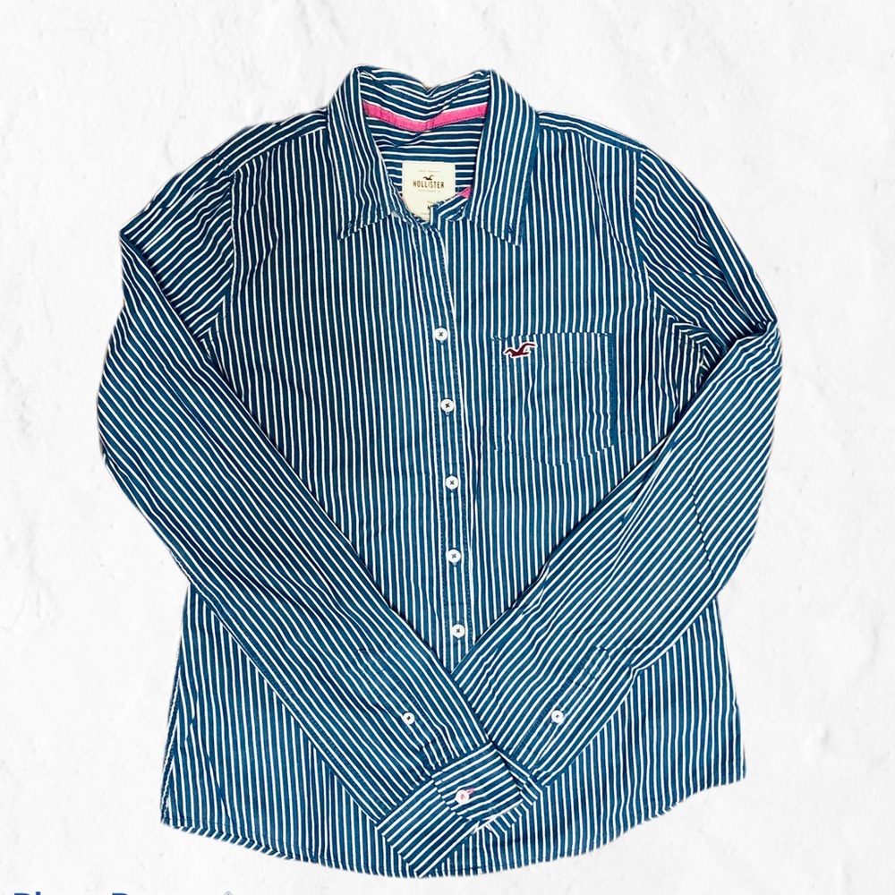 Hollister Blue White Stripe Button Long Sleeve Top